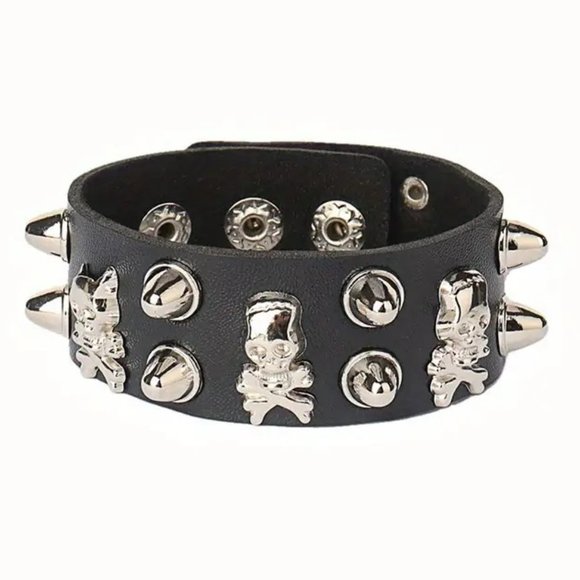 Leather Spike Cuff Bracelet Skull Bones Punk Edgy Rock Goth Scene Wrist Trendy - Picture 2 of 3